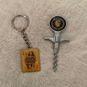 VINTAGE Stainless Steel Corkscrew and Gold Keychain Queen of Diamonds Bundle.